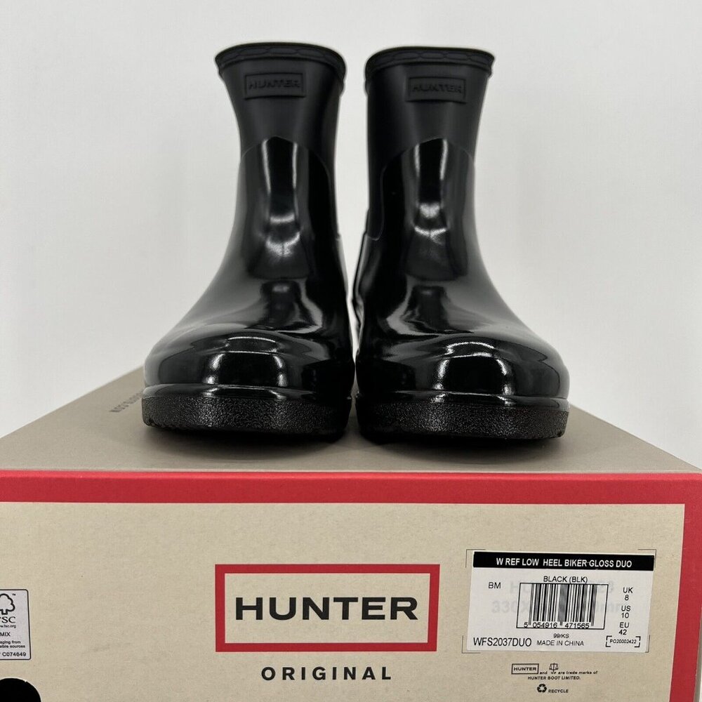 NWB HUNTER Women Refined Low Heel Biker Rubber Black Gloss Rain Boot Duo Size 10 - Picture 2 of 13